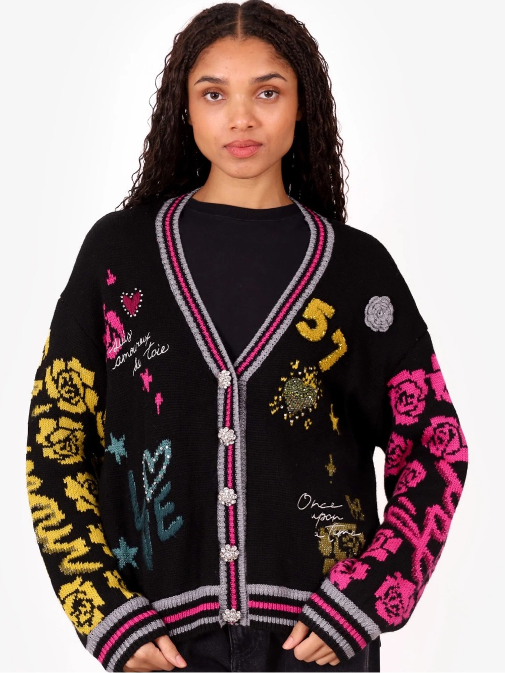 Black Floral Graphic V-Neck Cardigan Sweater - Designer